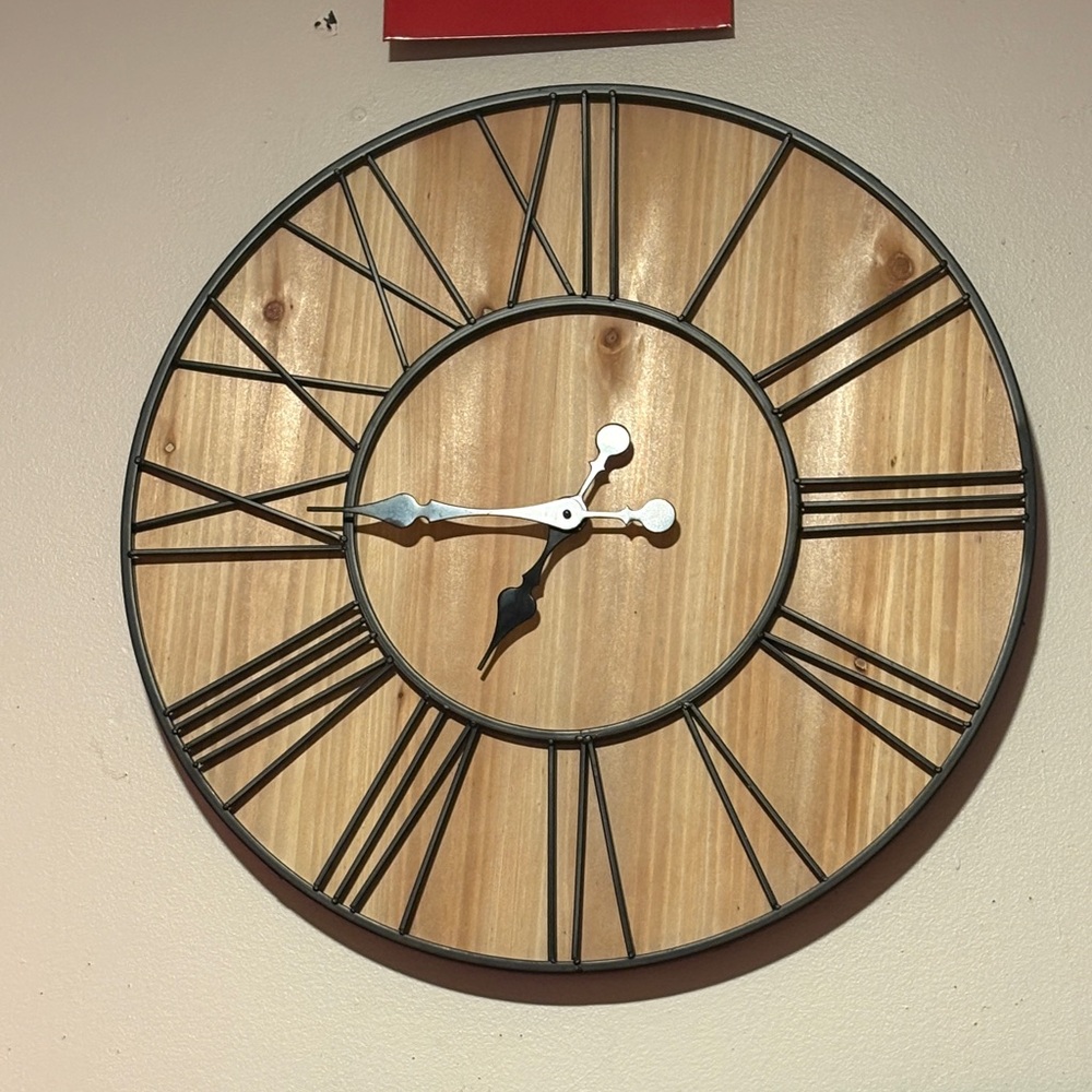 Rustic Wooden Wall Clock with Black Accents